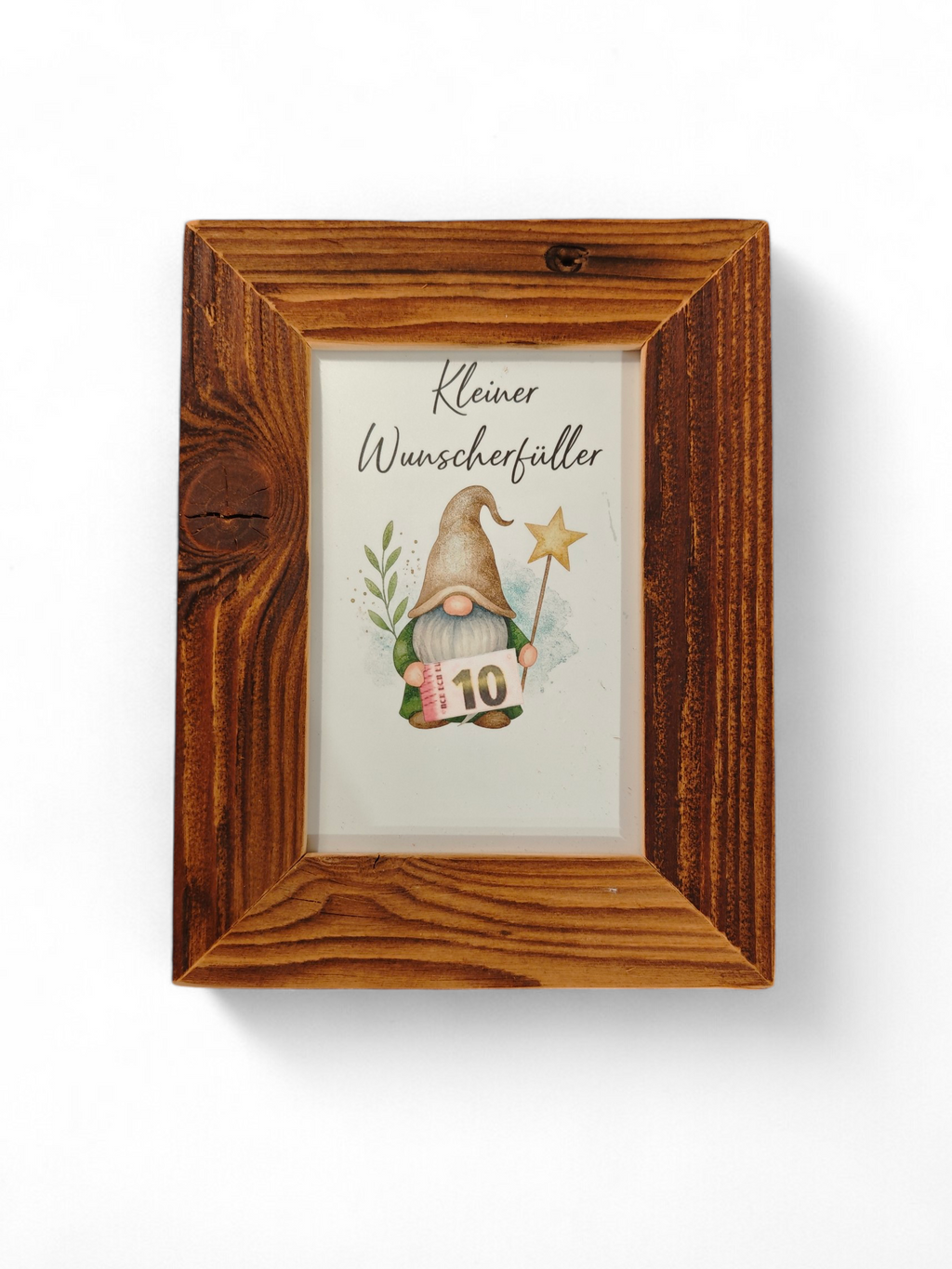 Altholzbilderrahmen für das Fotoformat 10x15cm mit Inlay zum Verschenken von Geld oder Gutscheinen. Aufschrift kleiner Wunscherfüller. 