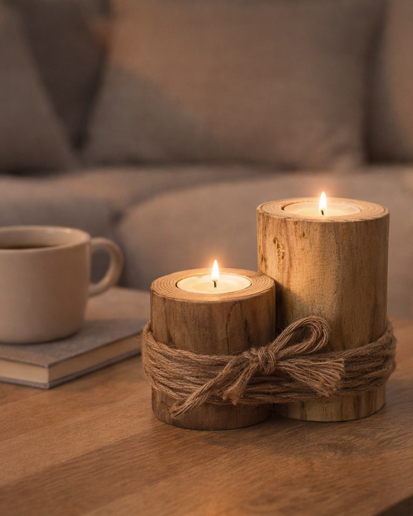 Handgemachter Teelichthalter für zwei Teelichter, gefertigt aus Baumstämmen und zusammengebunden mit feinem Leinengarn. 