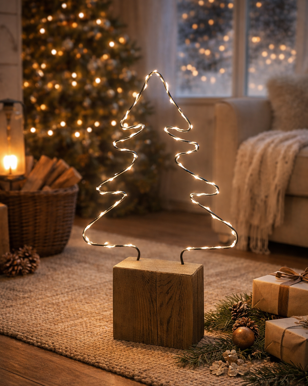 Leuchtbaum aus Metall und Holz mit LED Lichterkette umwickelt als weihnachtliche Dekoration. Handgefertigt in Tirol. 