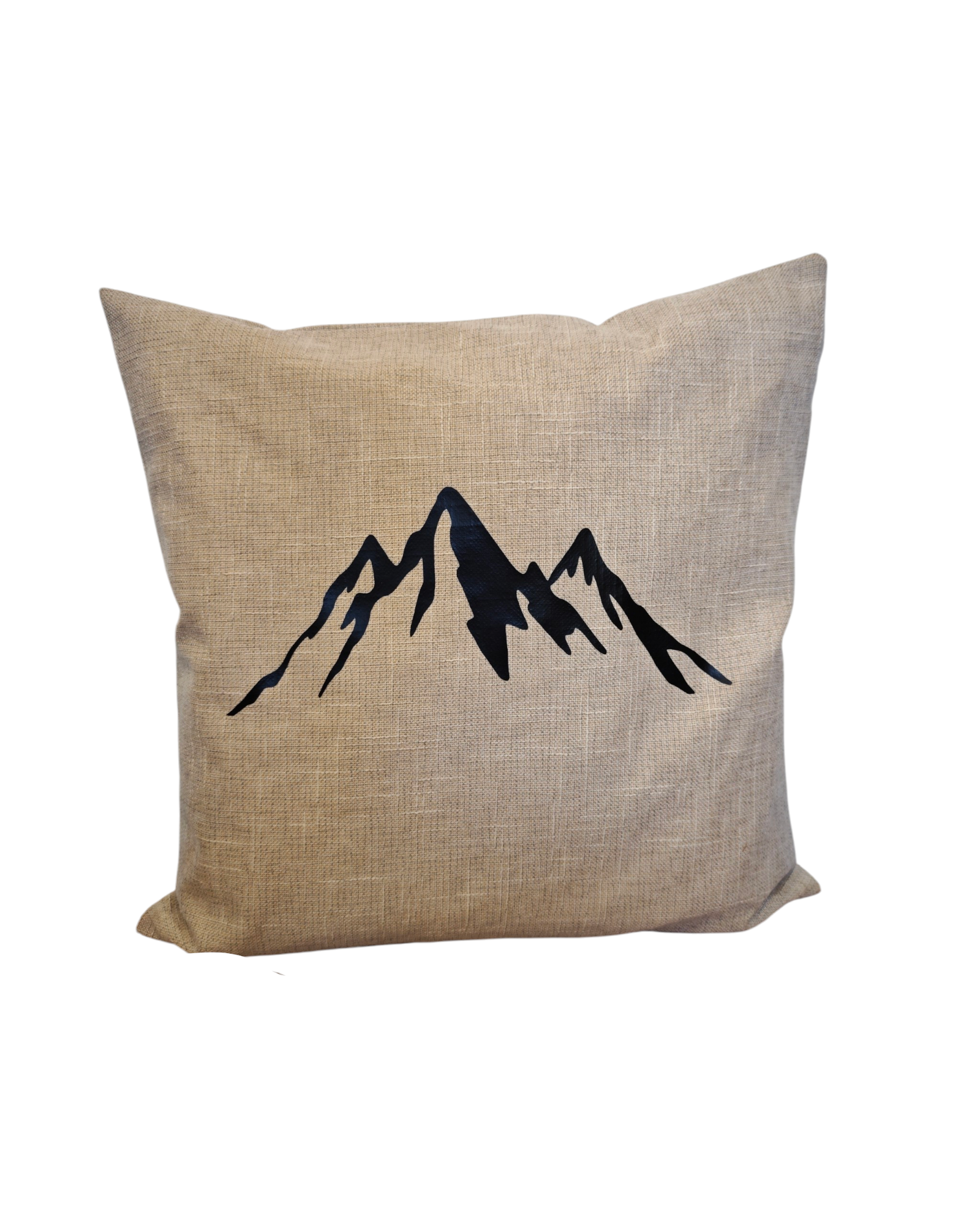Beiger Zirbenpolster, 40x40cm, mit schwarzem Bergmotiv. 