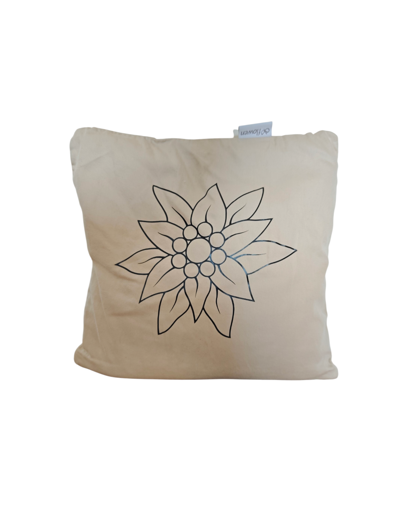 Beiger Zirbenpolster, 30x30cm, mit schwarzem Edelweiß Motiv
