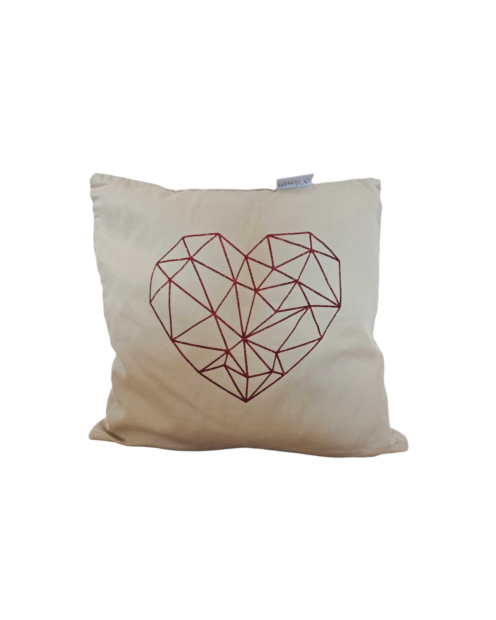 Beiger Zirbenpolster, 30x30cm, mit rot glitzernden geometrischem Herz. 