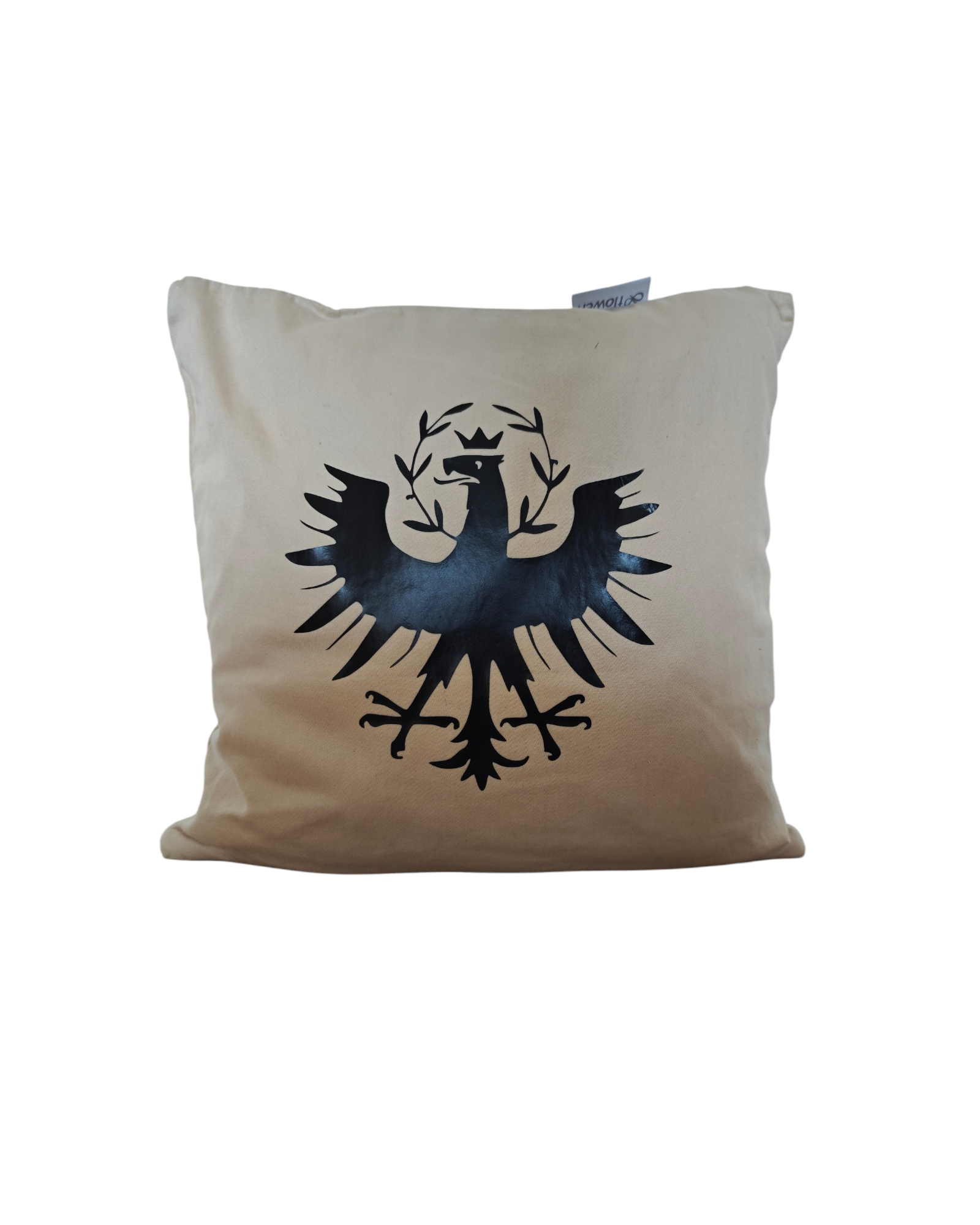 Beiger Zirbenpolster, 30x30cm, mit schwarzem Tiroler Adler. 