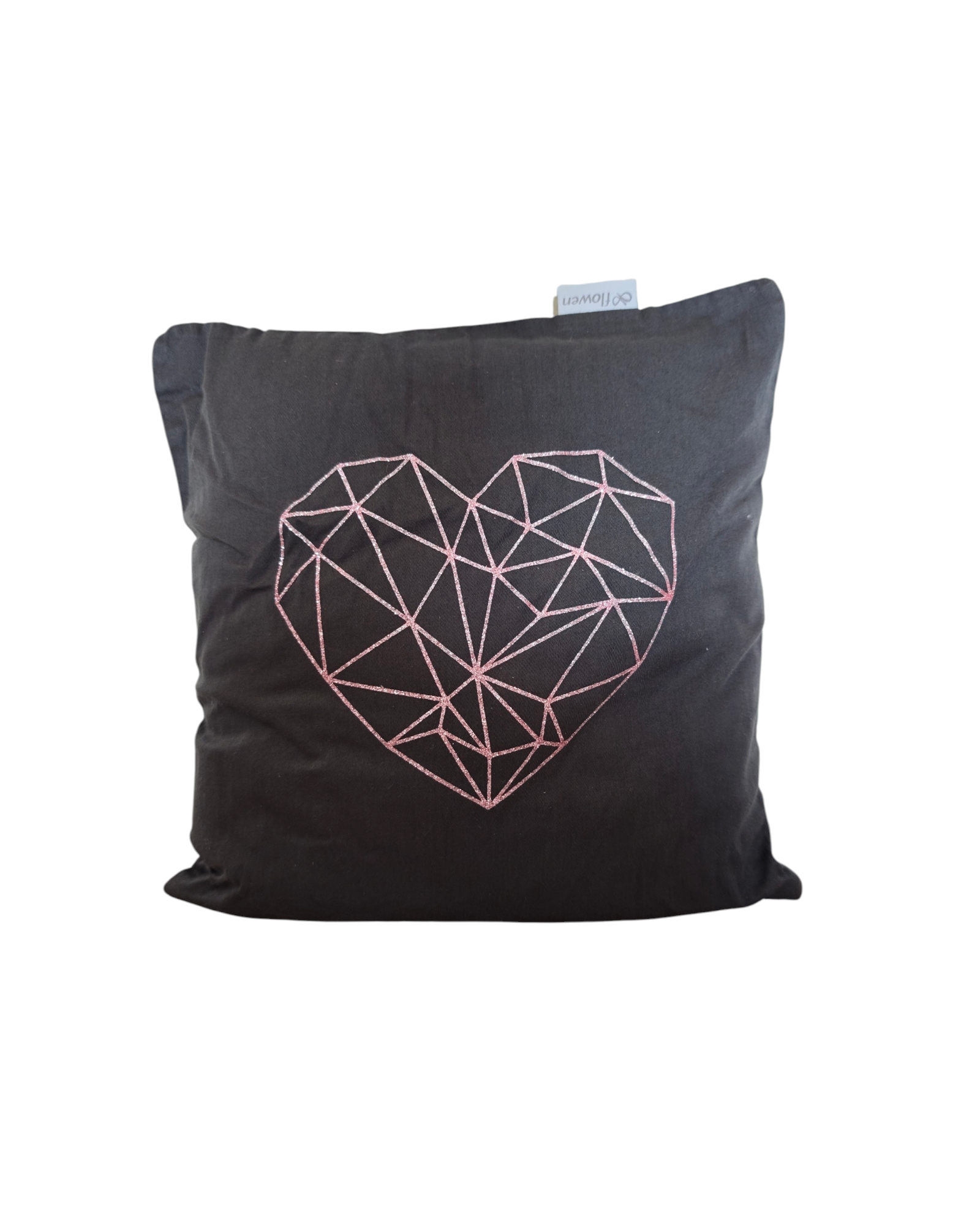 Grauer Zirbenpolster, 30x30cm, mit rosa glitzernden geometrischem Herz. 