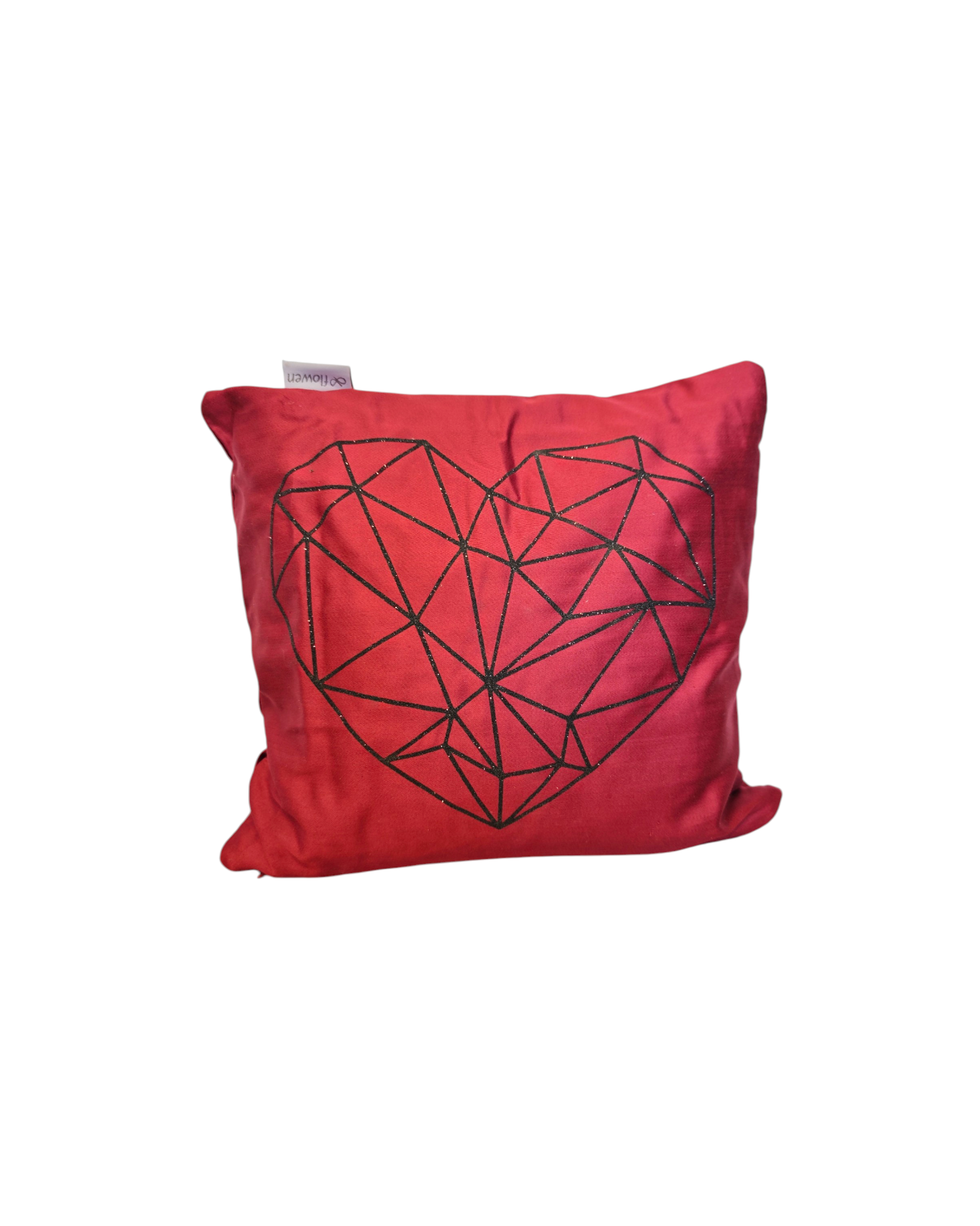 Roter Zirbenpolster, 30x30cm, mit schwarz glitzernden geometrischem Herz. 
