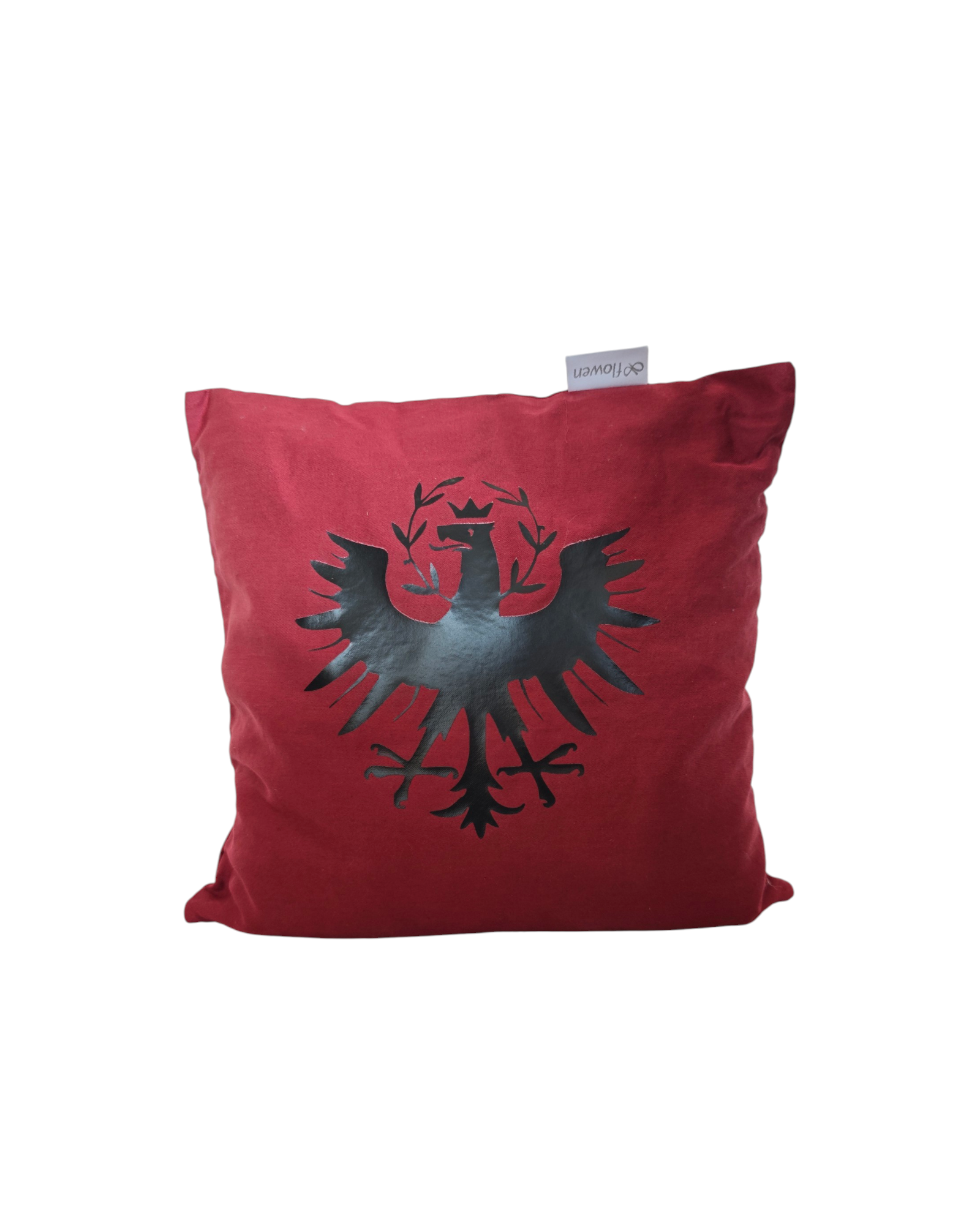 Roter Zirbenpolster, 30x30cm, mit schwarzem Tiroler Adler. 