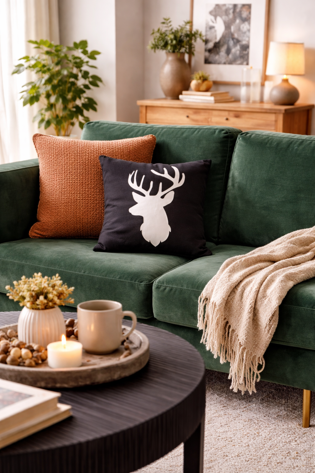 Graues Zirbenkissen auf Sofa in modernem Wohnraum. 