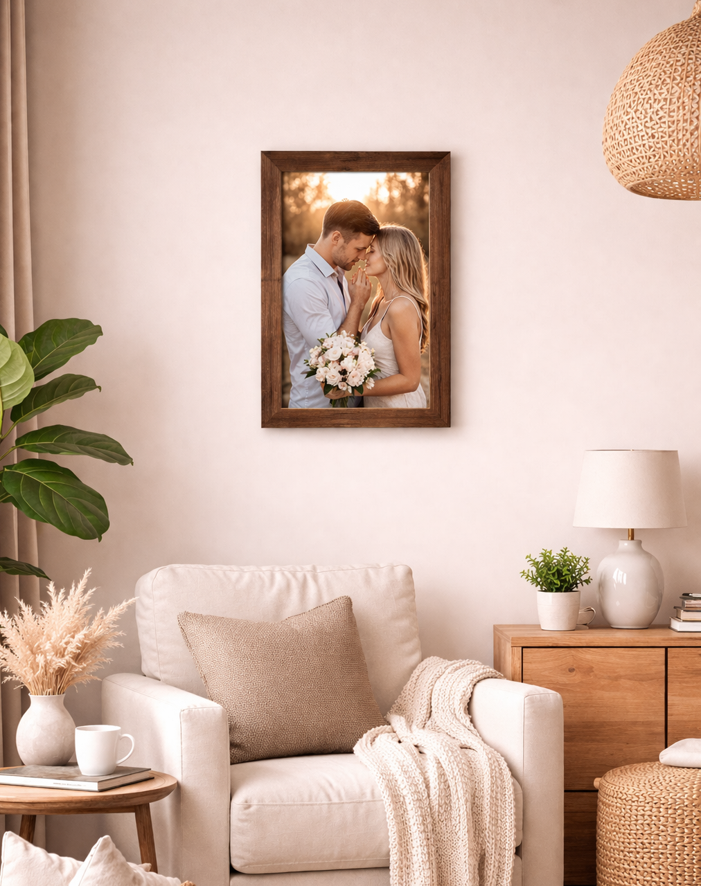 Handgemachter Bilderrahmen aus Altholz mit Hochzeitsfoto im Format 30x45cm in einem Wohnbereich. 