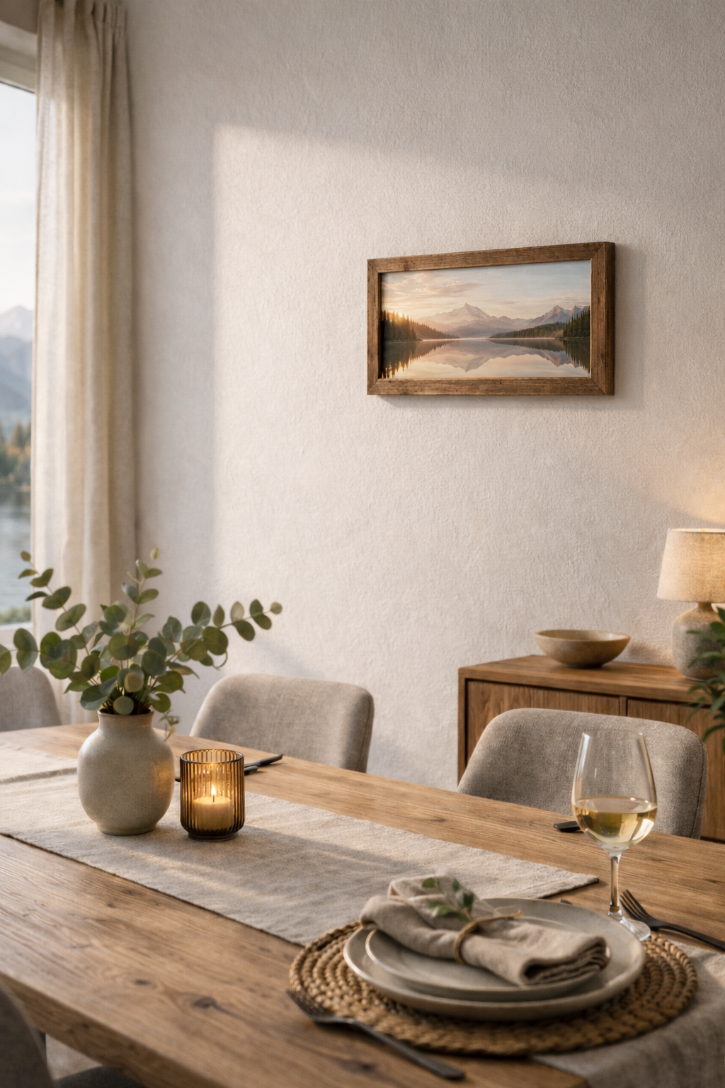 Handgemachter, urig rustikaler Altholzbilderrahmen mit Berglandschaft in einem modernen Esszimmer. 