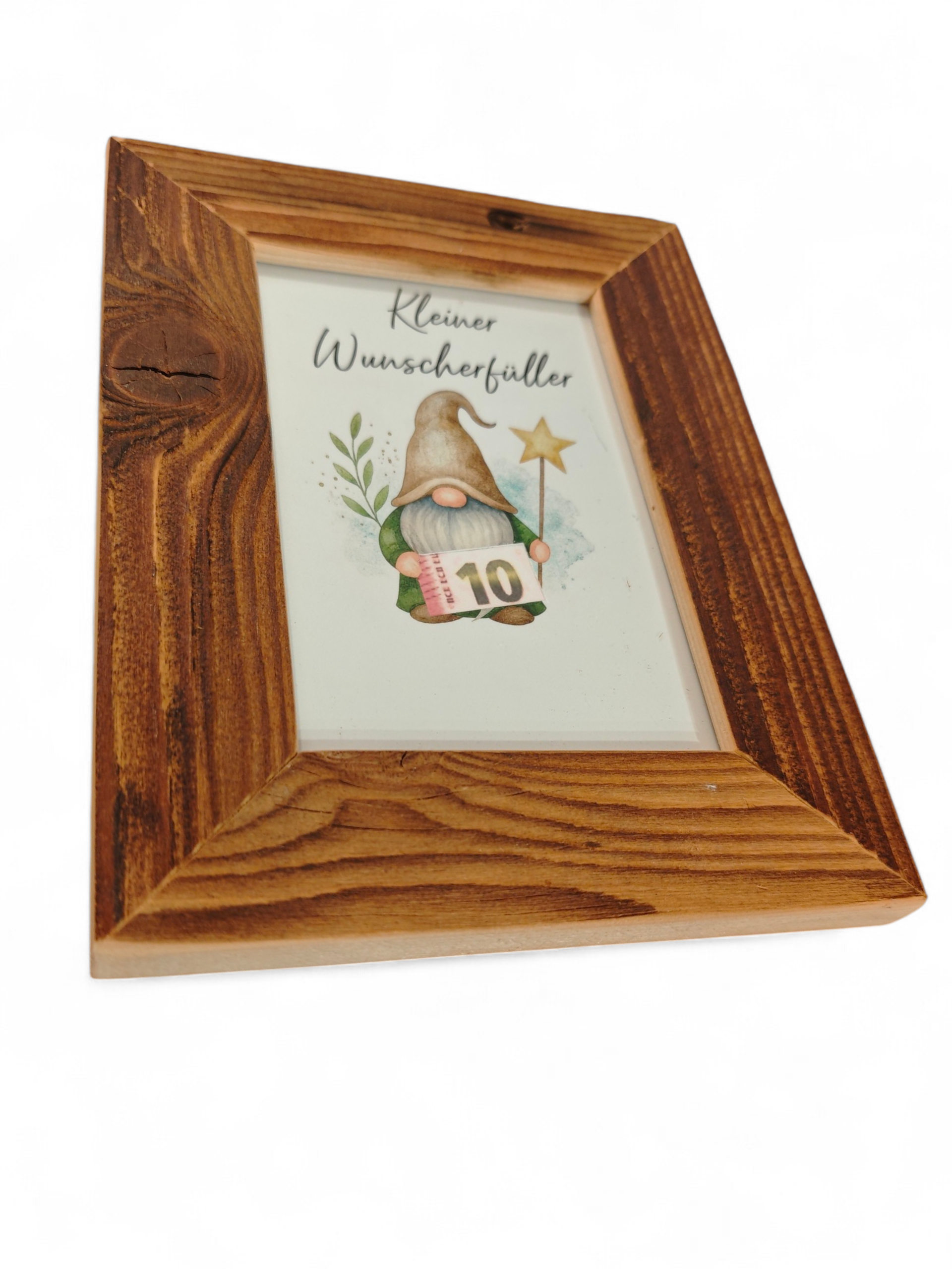 Altholzbilderrahmen für das Fotoformat 10x15cm mit Inlay zum Verschenken von Geld oder Gutscheinen in der Seitenansicht. Aufschrift kleiner Wunscherfüller. Perfekte Geschenksidee aus Tirol. 