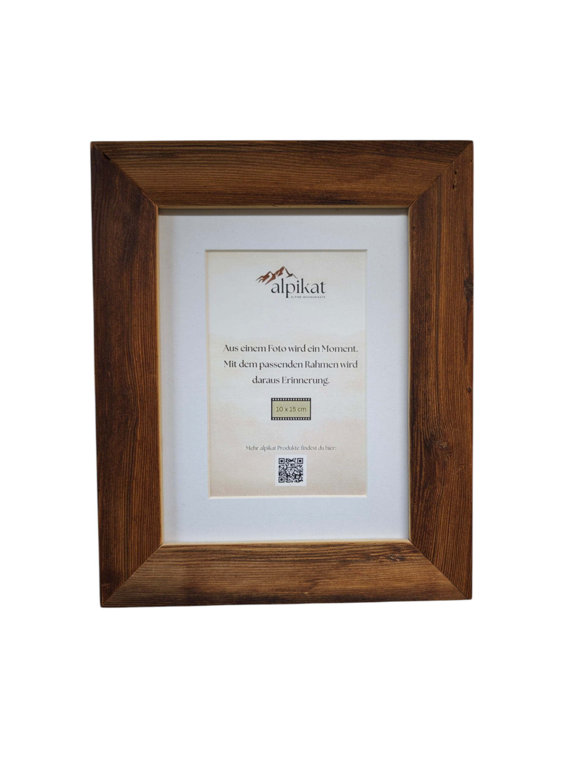 Bilderrahmen aus dunklem Altholz mit Passepartoutausschnitt für das Fotoformat 13x18cm