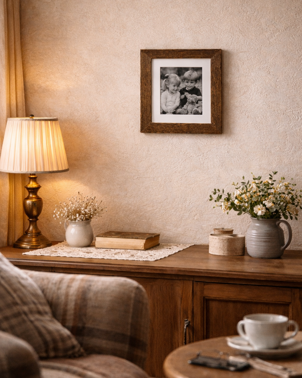 Bilderrahmen aus Altholz mit Passepartoutausschnitt für das Fotoformat 13x18cm mit einem Kinderfoto in einem urigen Wohnzimmer an der Wand hängend. 