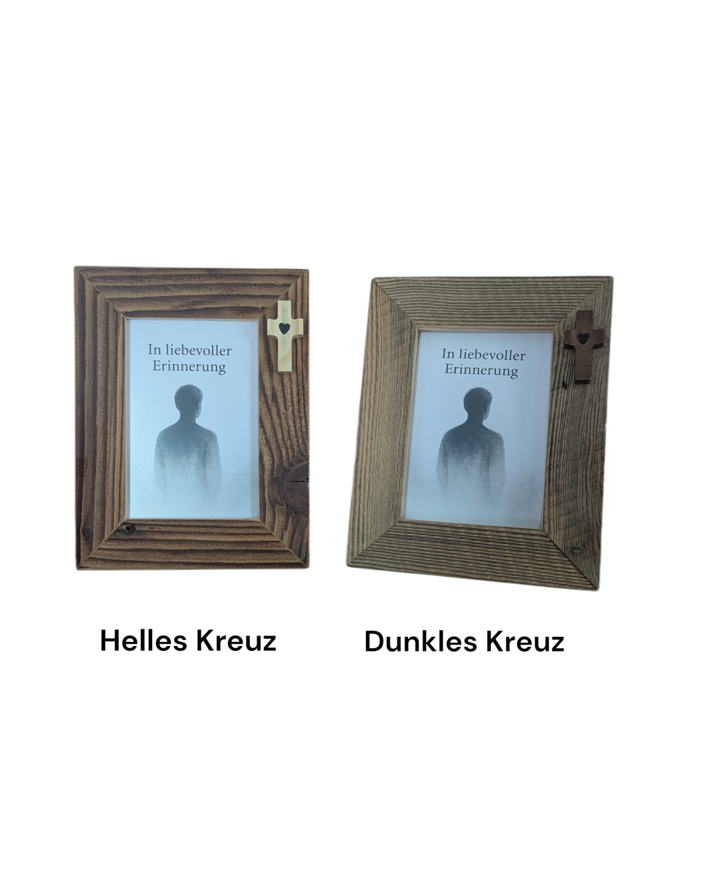 Zwei Bilderrahmen aus Altholz mit jeweils einem Gedenkkreuz in der oberen Ecke aus hellem bzw. dunklem Holz. Handgefertigt in Tirol. 