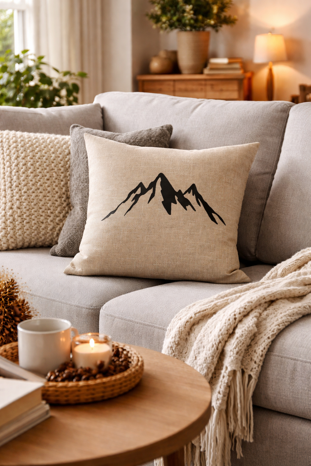 Beiges Zirbenkissen, 40x40cm, dekorativ genutzt im Wohnbereich. 