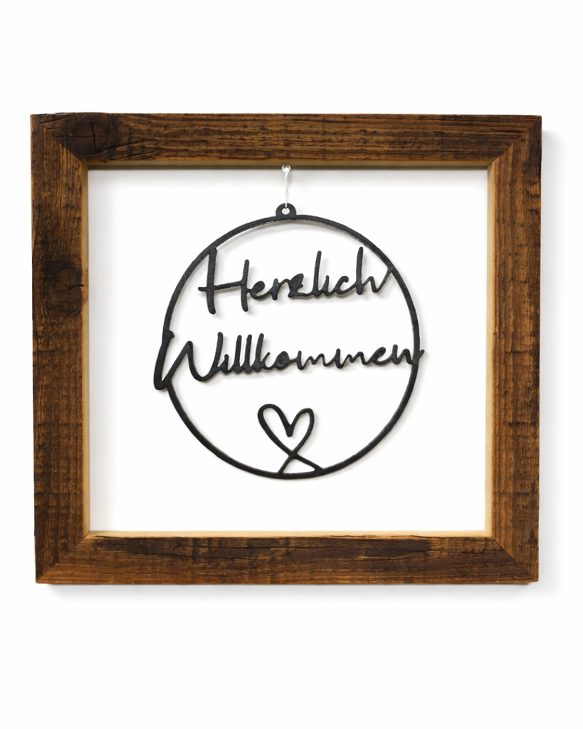 Bilderrahmen aus Altholz mit der Inschrift Herzlich Willkommen zum Aufhängen an der Wand in der Größe 30x30cm. 