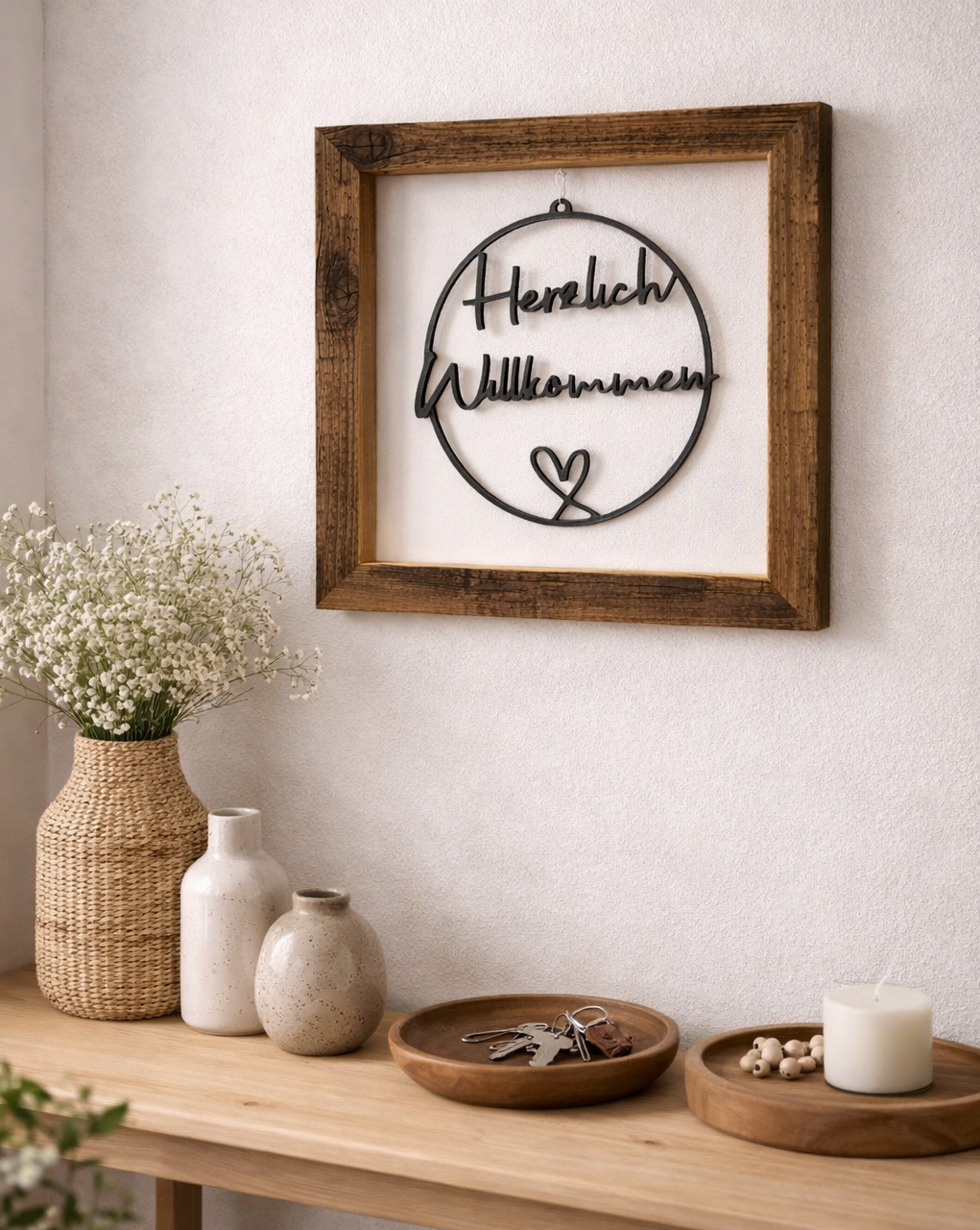 Bilderrahmen aus Altholz mit der Inschrift Herzlich Willkommen hängt an der Wand in einem modernen Eingangsbereich. 
