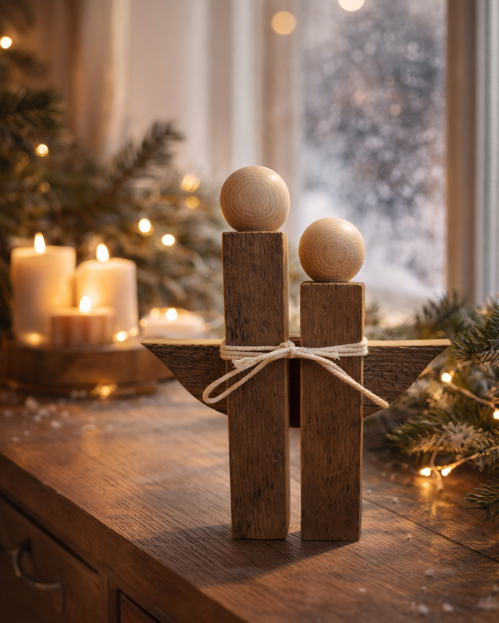Engel aus Holz in weihnachtlicher Szene auf einem Sideboard aus Holz und Kerzen im Hintergrund. 