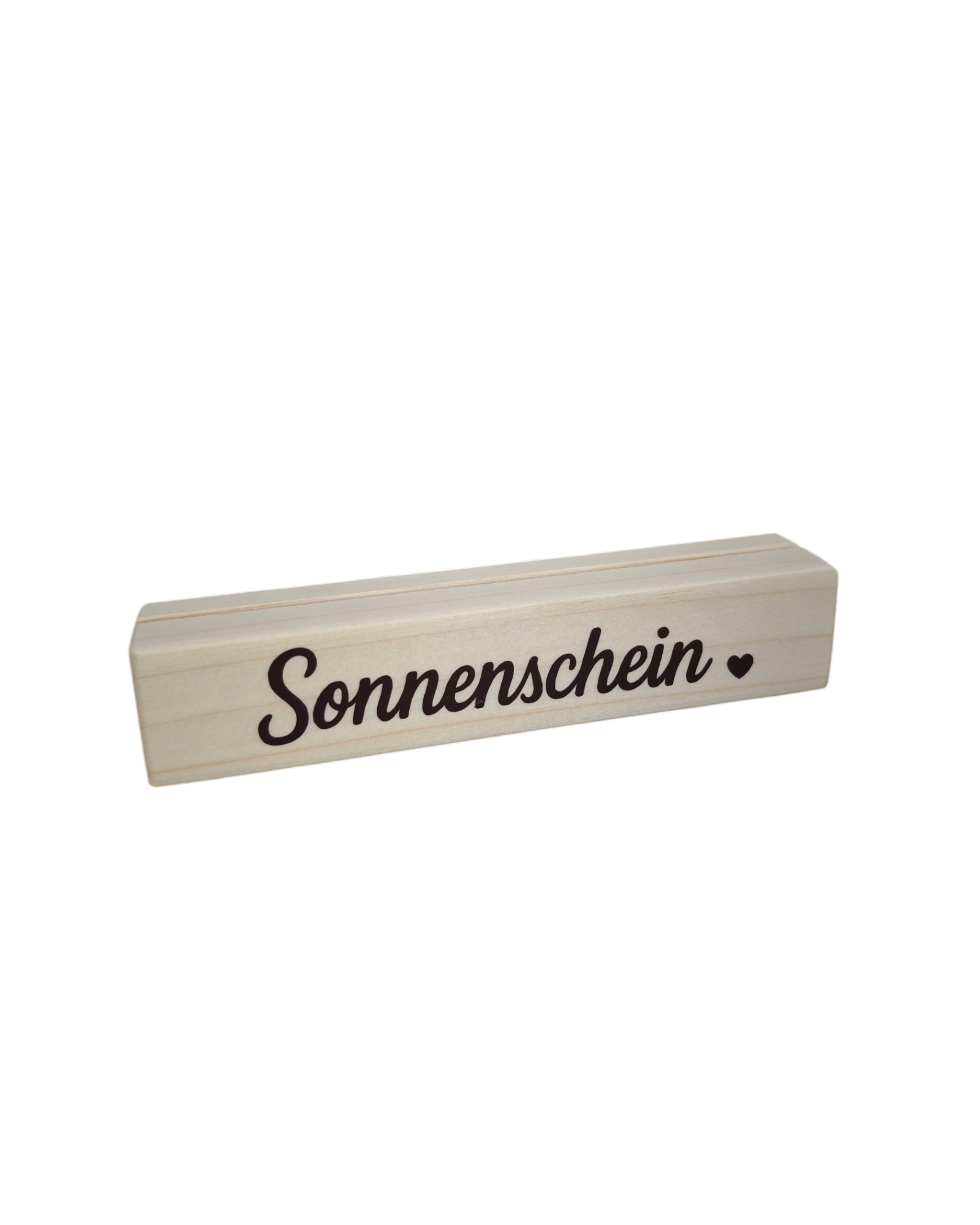 Fotoleiste aus Fichte mit der Aufschrift Sonnenschein. In dem Fotohalter können kleine Fotos, Postkarten oder Notizen im Schlitz eingesteckt werden. 