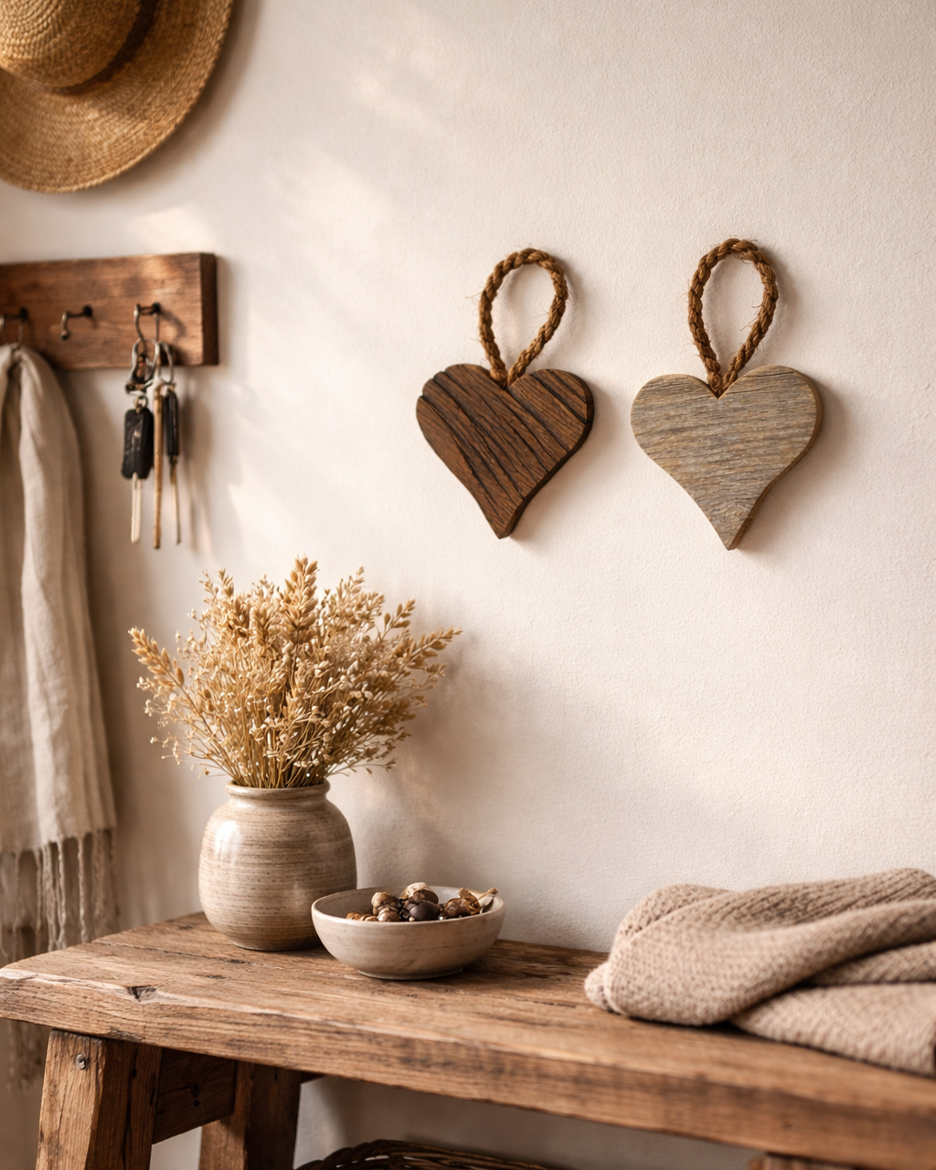 Rustikale Altholzherzen als Hängedekoration an der Wand im Wohnzimmer. 