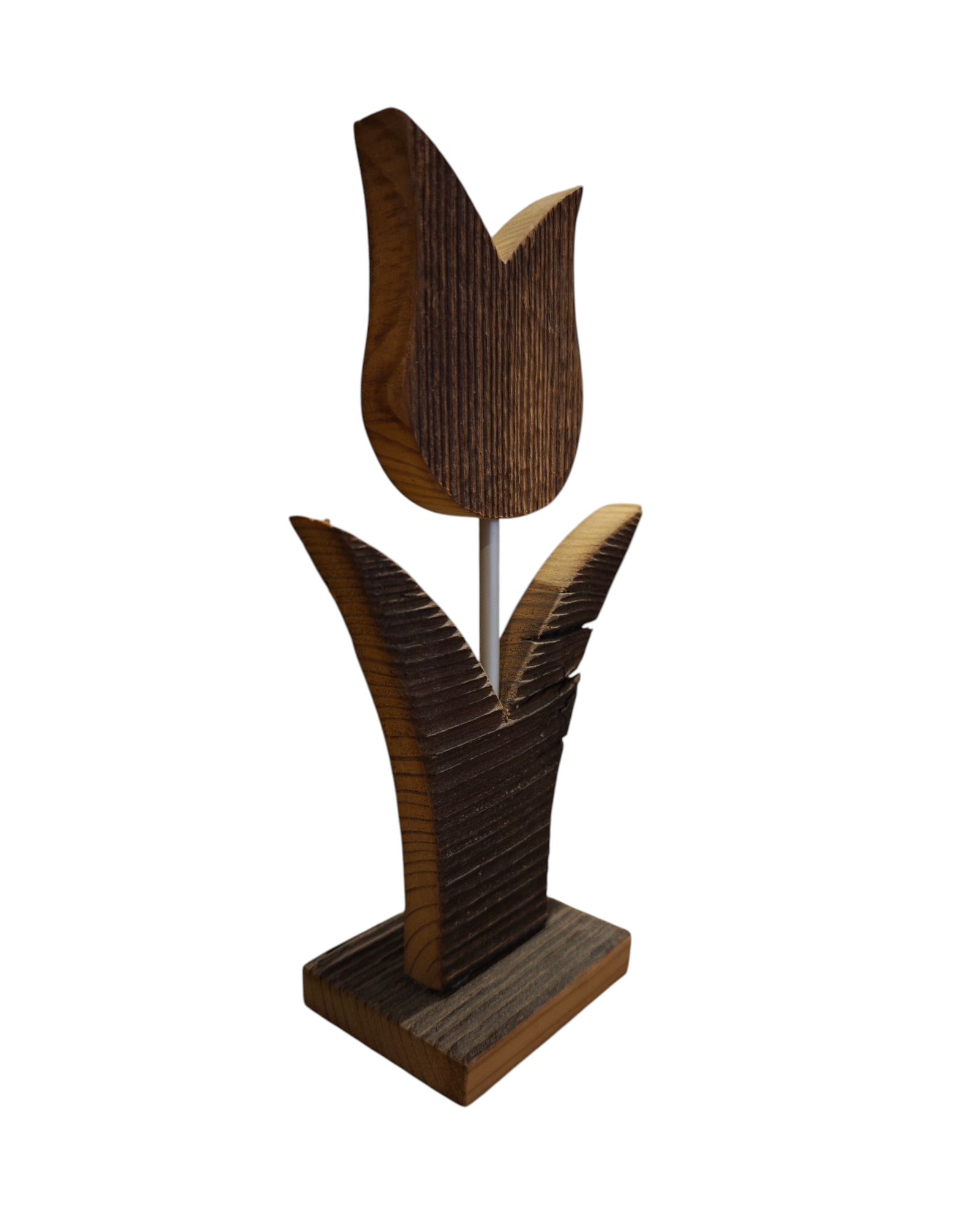 Kleine Blume aus Holz auf einem Sockel in Seitenansicht. Geschenksidee handgefertigt in Tirol