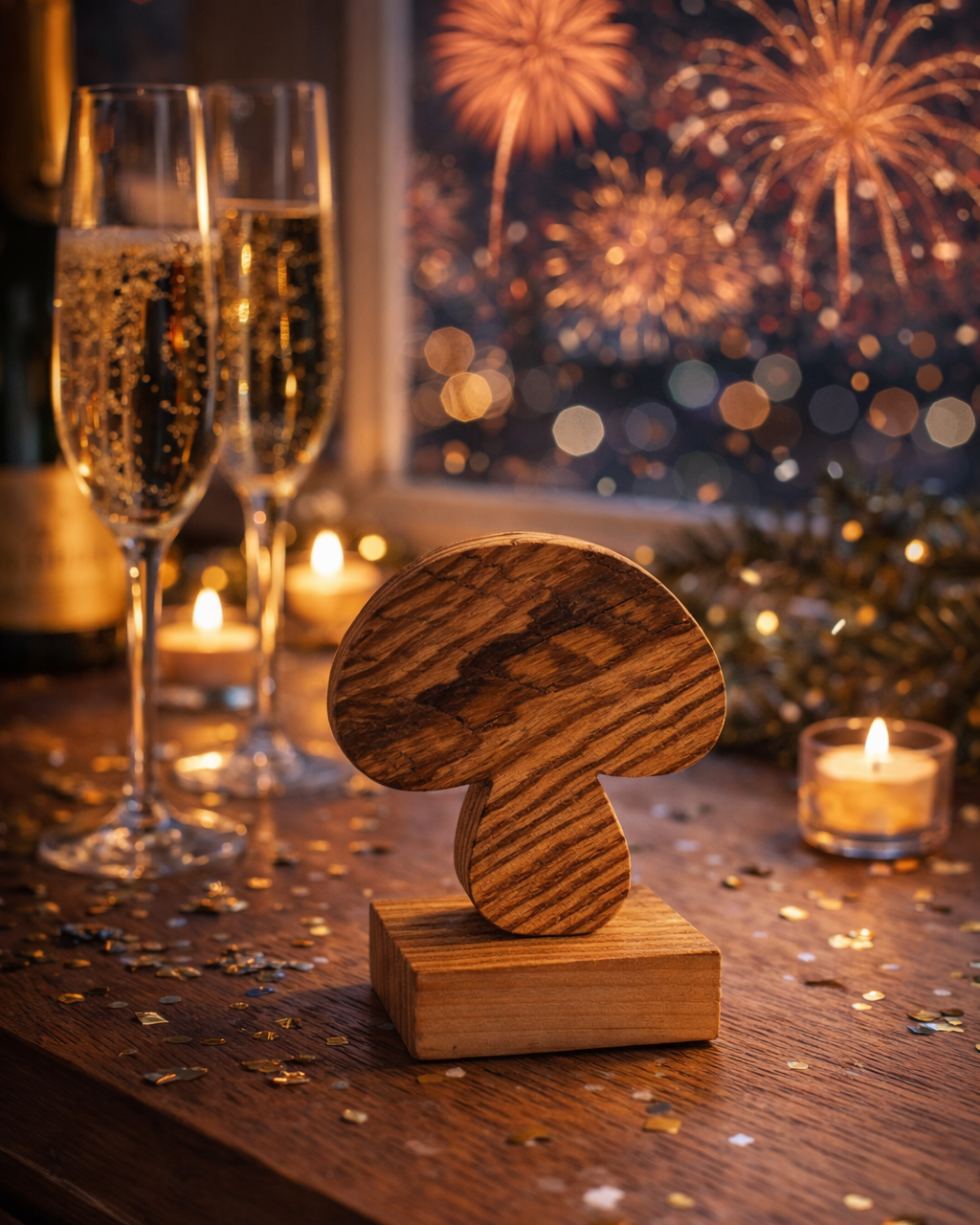 Kleiner Glückspilz aus Holz als Deko zu Silvester mit Sekt und Kerzen