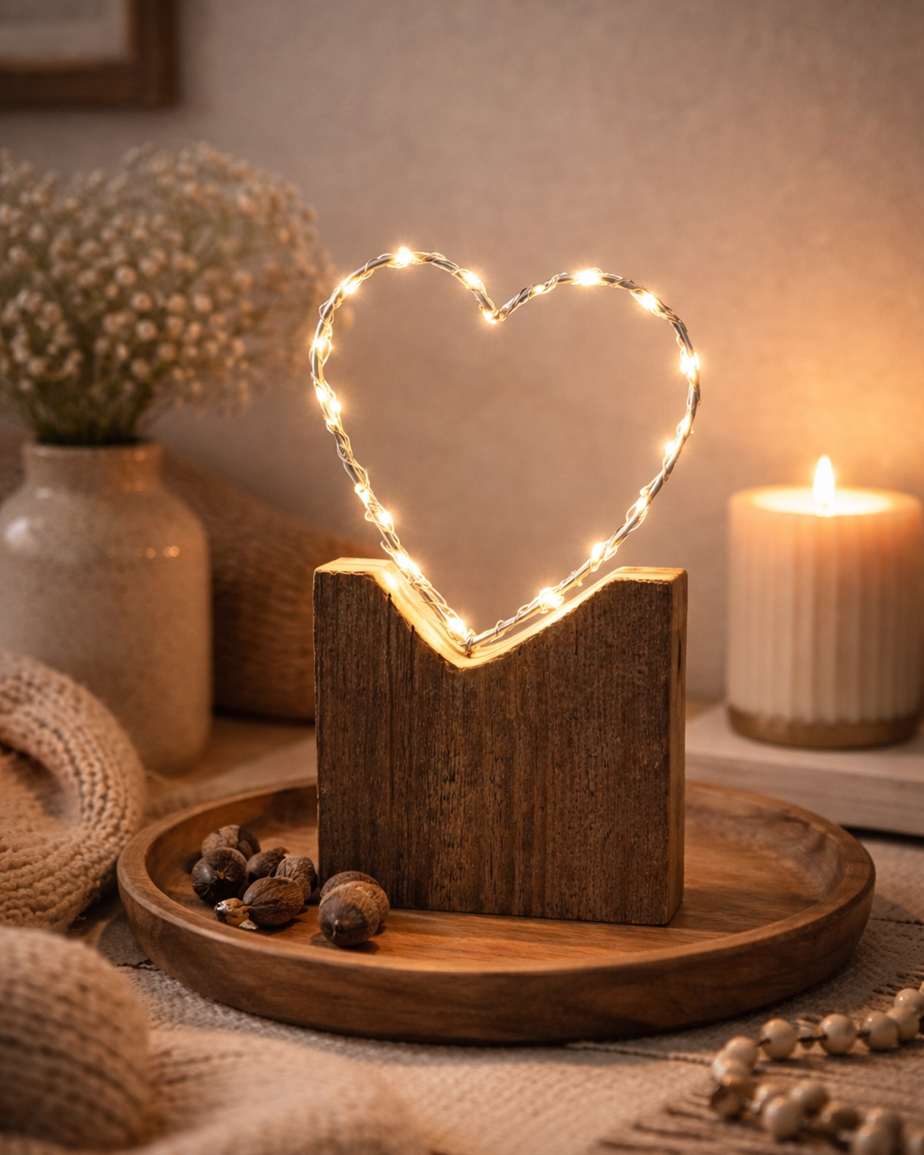 Kleines Altholz Leuchtherz in liebevoller Dekorationsszene. 