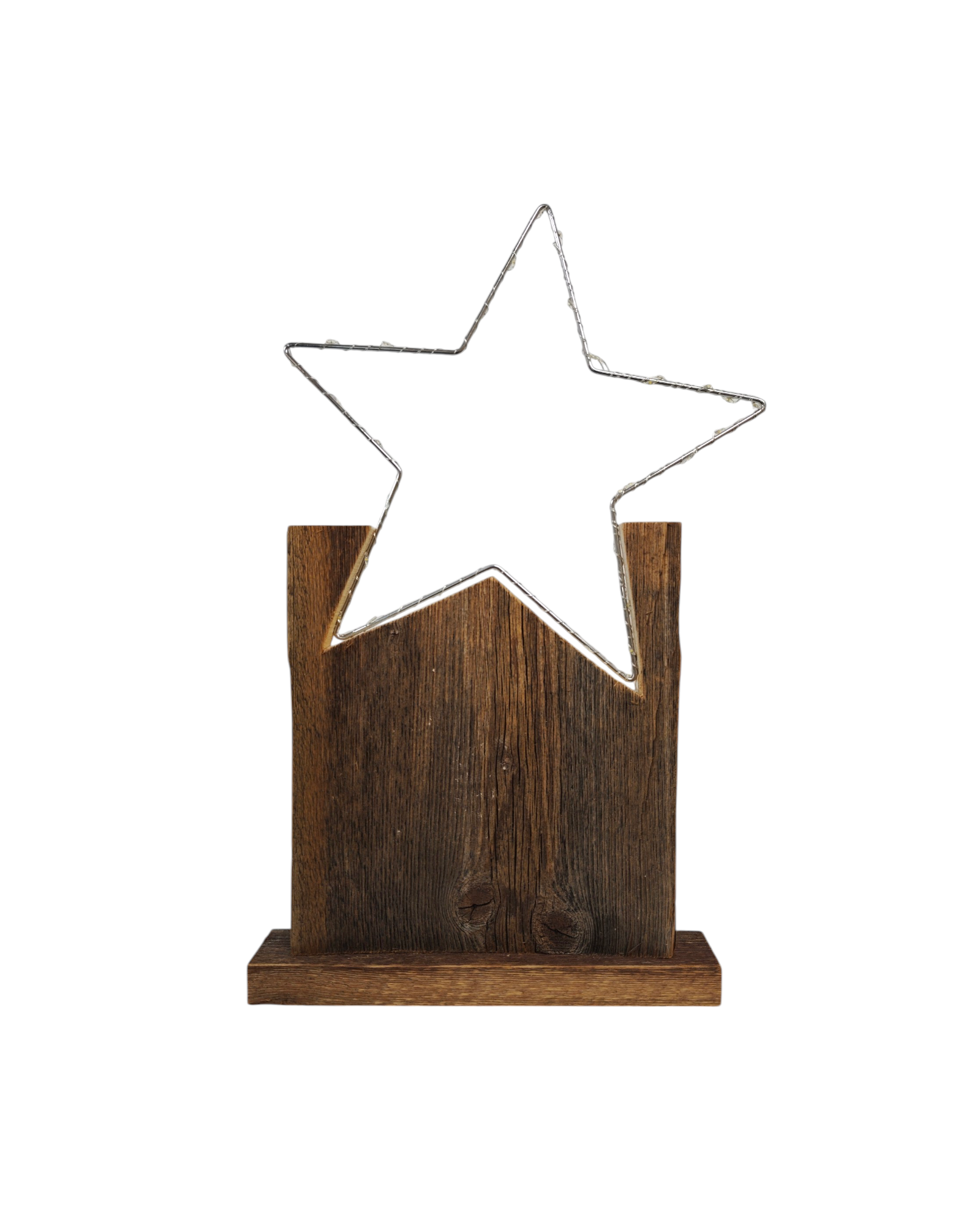 Metallstern mit LED Lichterkette umwickelt auf Sockelständer aus Altholz zur weihnachtlichen Dekoration. 