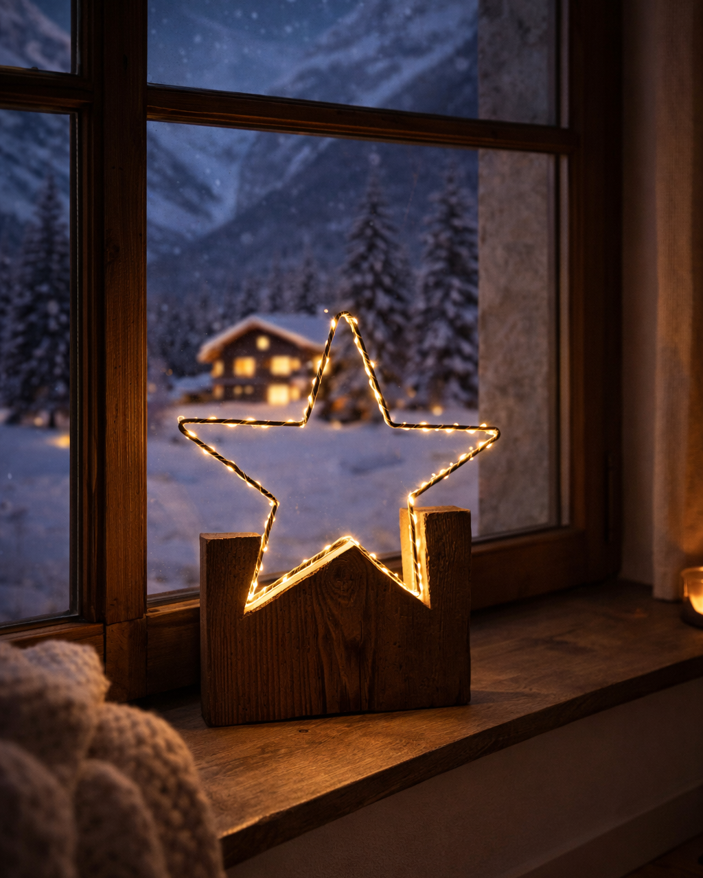 Handgemachter LED Leuchtstern in winterlicher Szene auf einem Fensterbrett. 