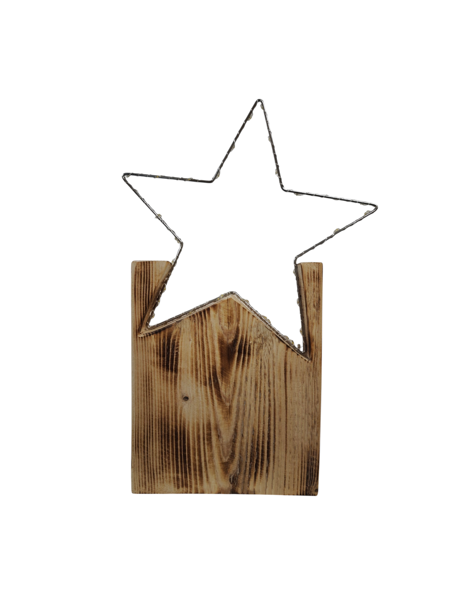 Metallstern mit LED Lichterkette umwickelt auf Sockelständer aus geflämmten Fichtenholz. 
