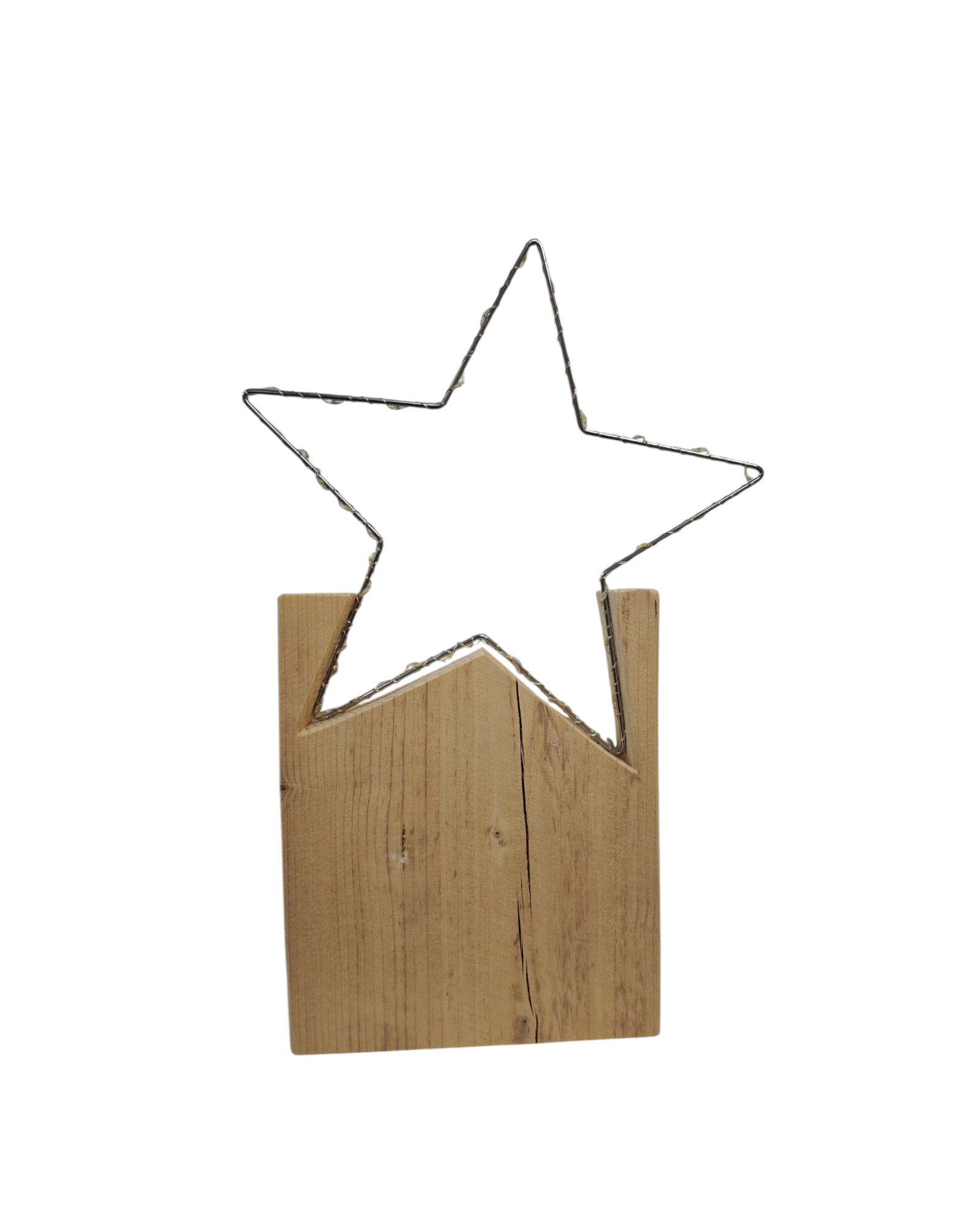 Metallstern mit LED Lichterkette umwickelt auf Sockelständer aus Fichtenholz. 