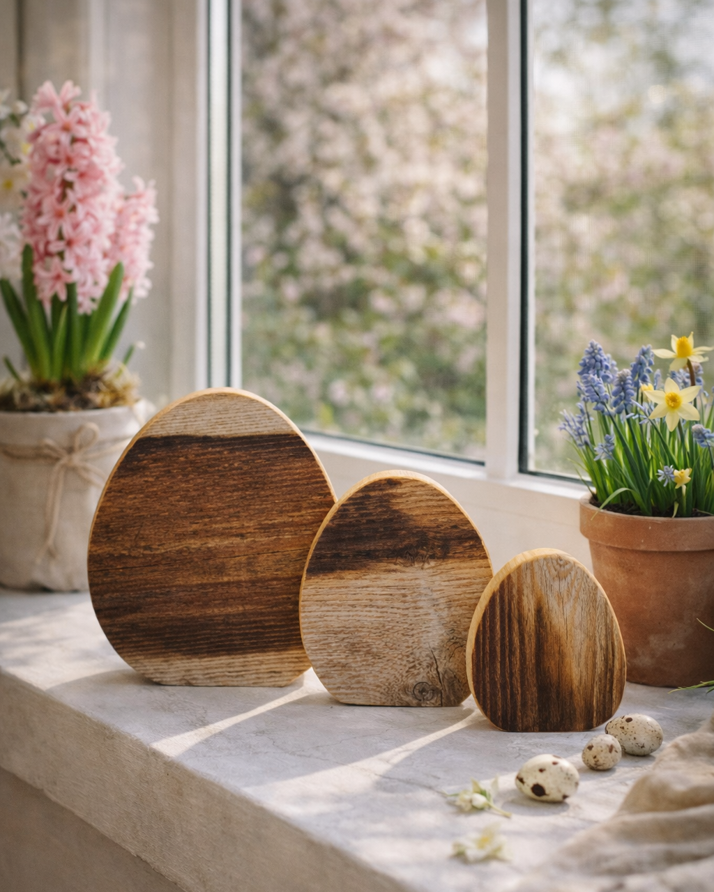 Dekoriertes Fensterbrett mit Ostereiern aus Holz. Frühlingshafte Szene mit Blumen rund um die Osterzeit. 
