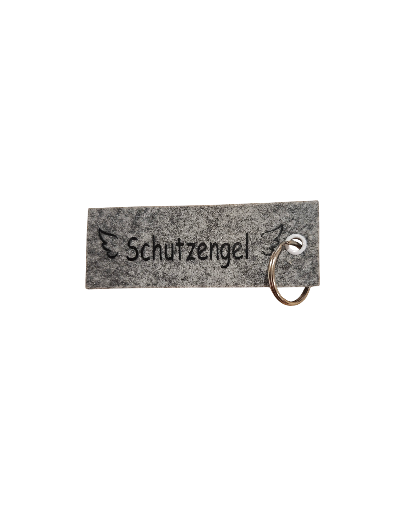 Handgemachter Schlüsselanhänger aus grauem Filz mit der Aufschrift Schutzengel. 