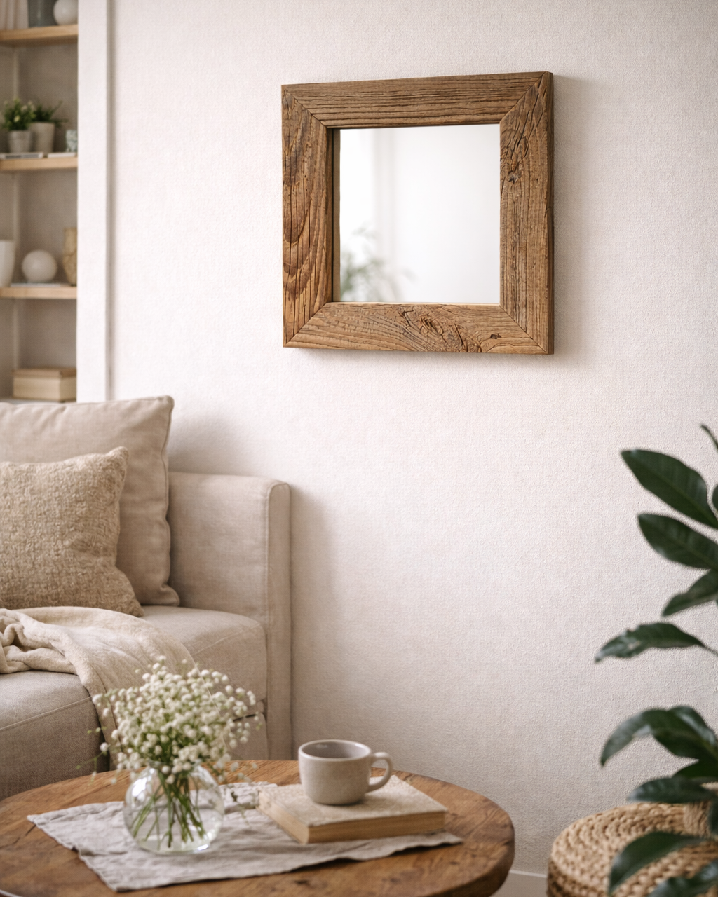 Handgefertigter Spiegel mit Altholzrahmen in einer modernen Wohnung an der Wand. 