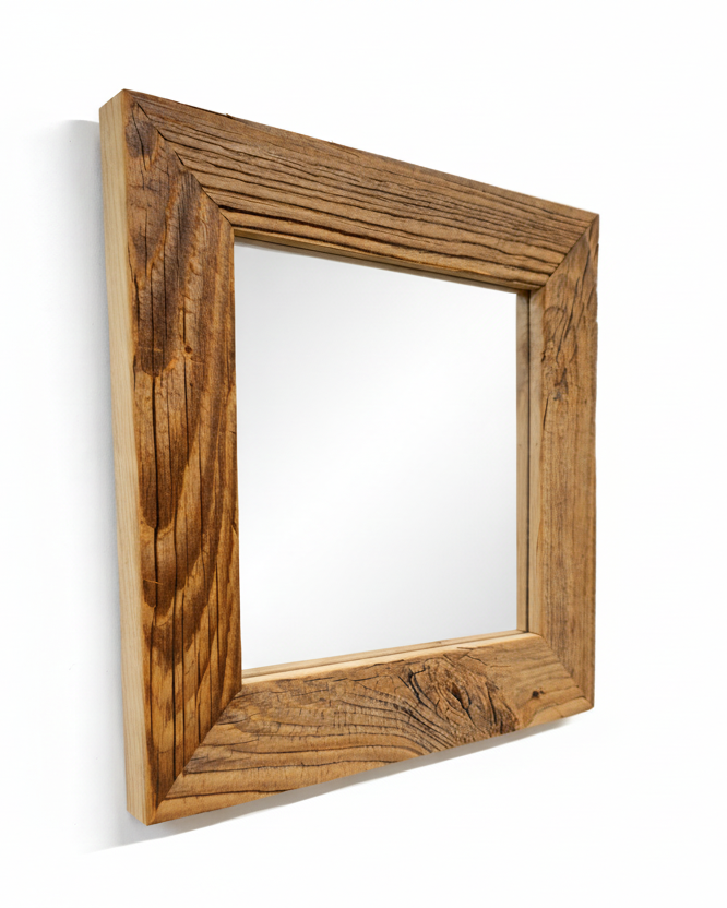 Spiegel mit Altholzrahmen im Format 29x29cm. 