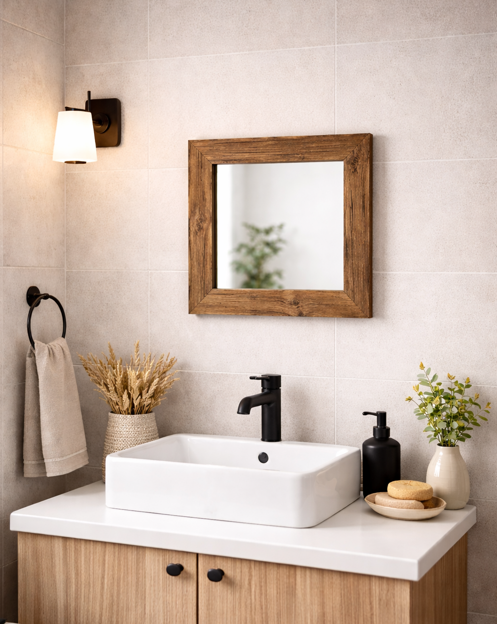 Spiegel mit Altholzrahmen in einem morsernen Badezimmer. 