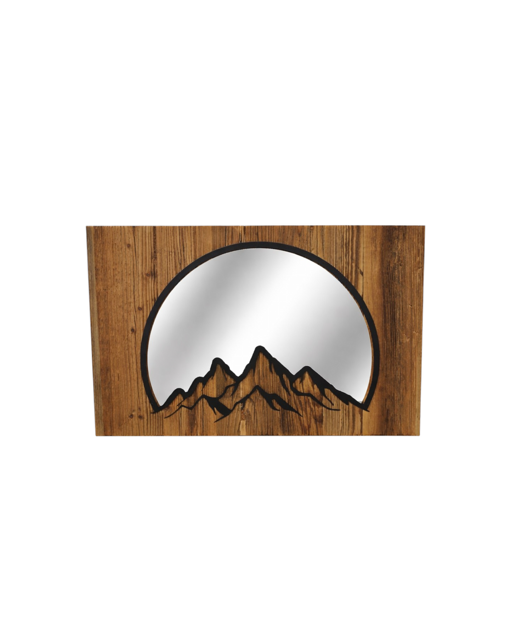 Spiegel mit metallischer Umrandung und Bergmotiv auf Altholzbretter. 