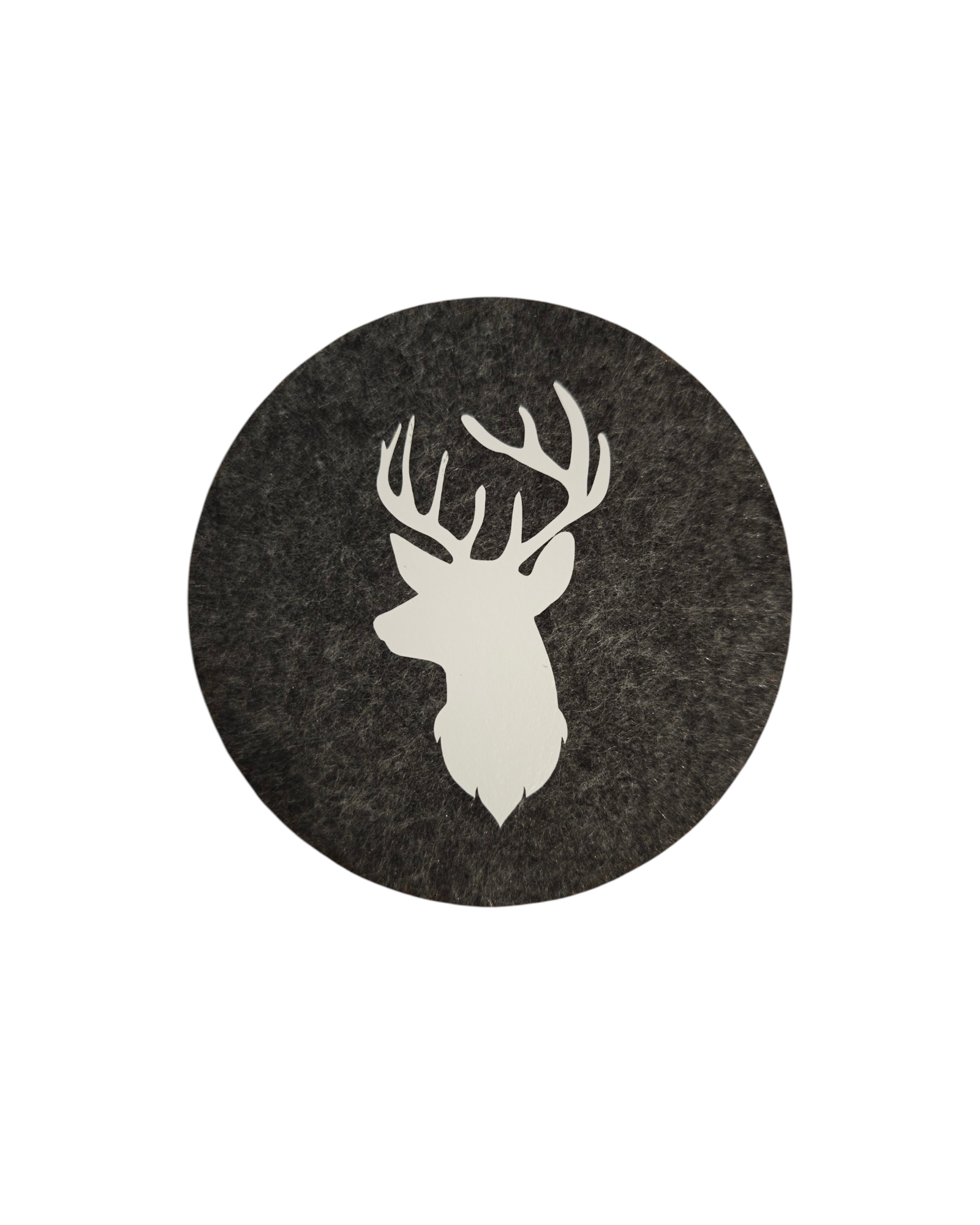 Untersetzer in dunkelgrauem Filz mit weißem Hirschkopf. 