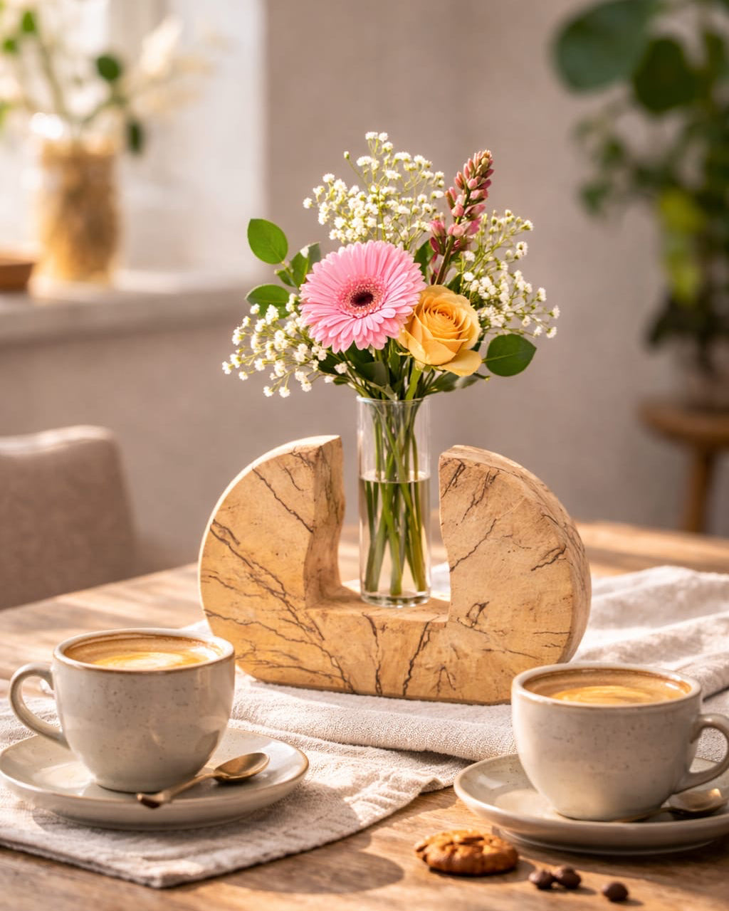 Birkenvase aus gespaltener Birke in der Farbvariante Natur mit Flachglas und Blumenstrauß auf einem Tisch mit Kaffeetassen. 