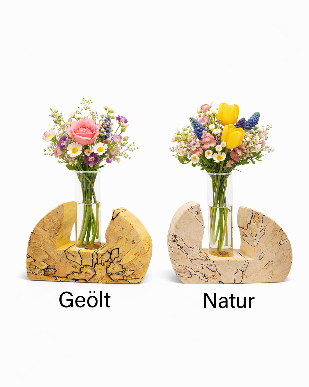 Birkenvase aus gespaltener Birke in den Farbvarianten Geölt oder Natur mit Flachglas und Blumenstrauß zum Vergleich nebeneinander. 