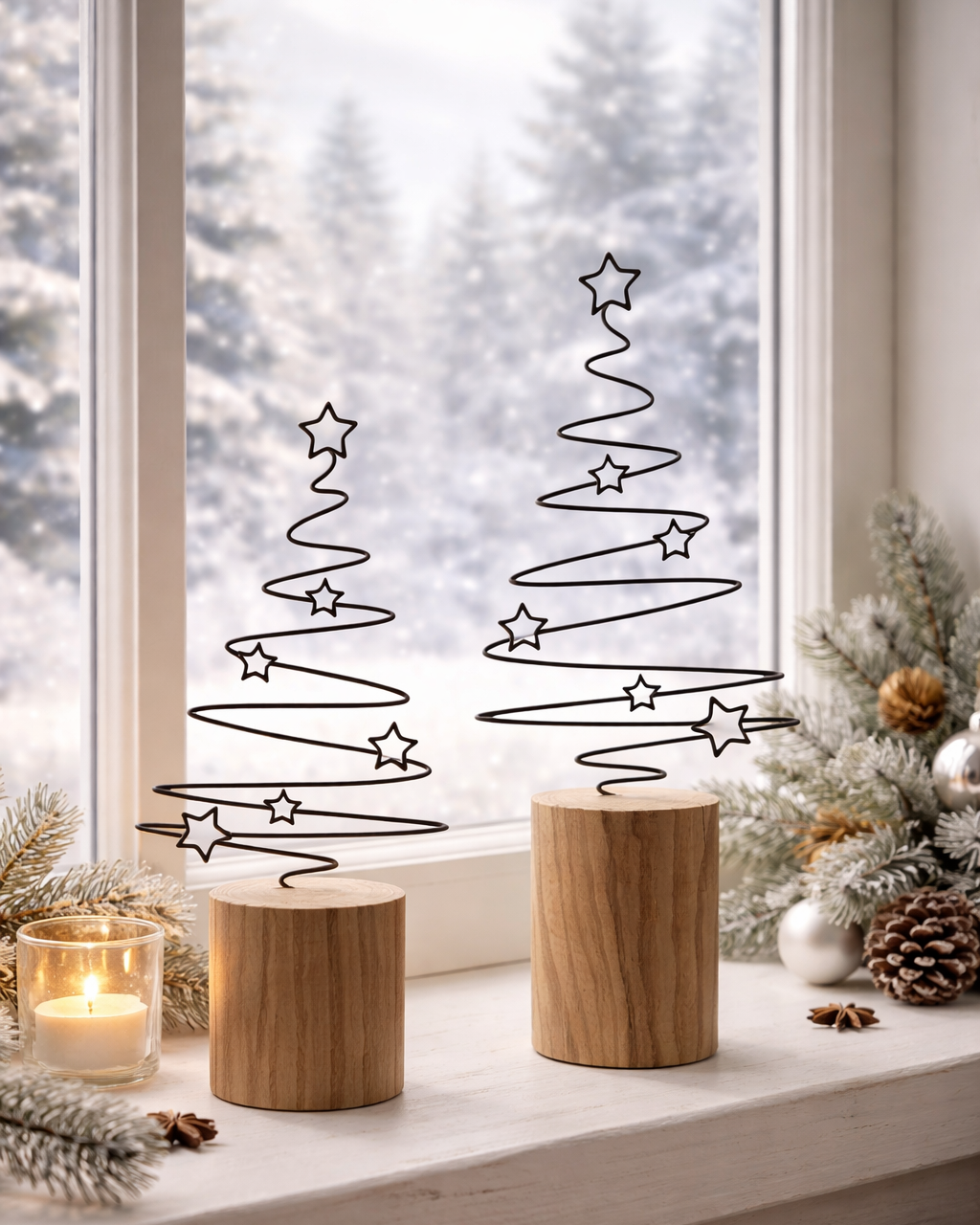 Winterliche Dekoration in Form von Weihnachtsbäumen aus Metall auf Sockel aus Baumstämmen auf Fensterbrett. 