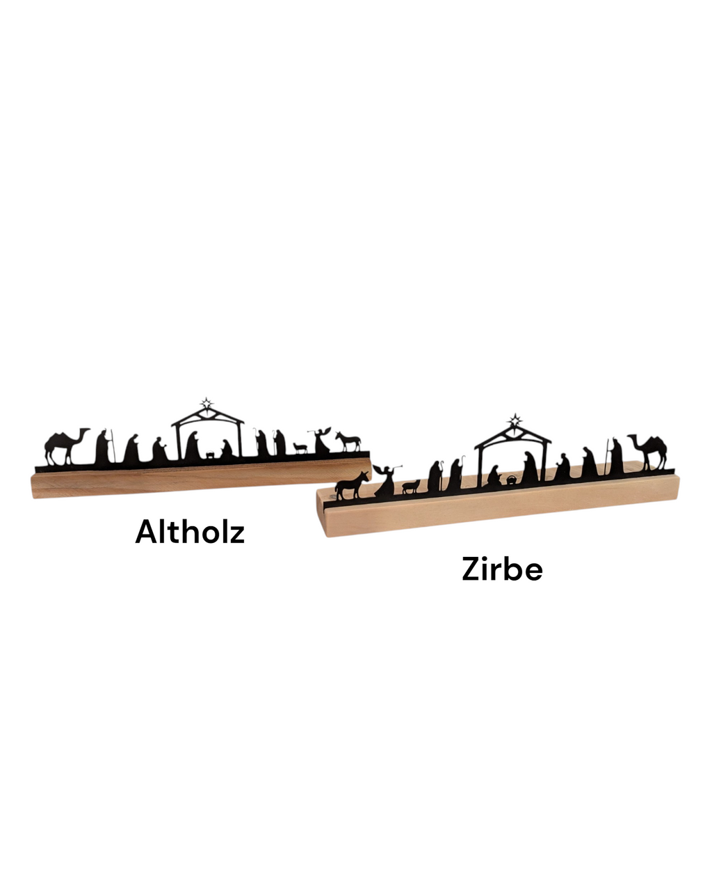 Handgefertigte Krippen aus Metall und zwei verschiedene Holzvarianten. 