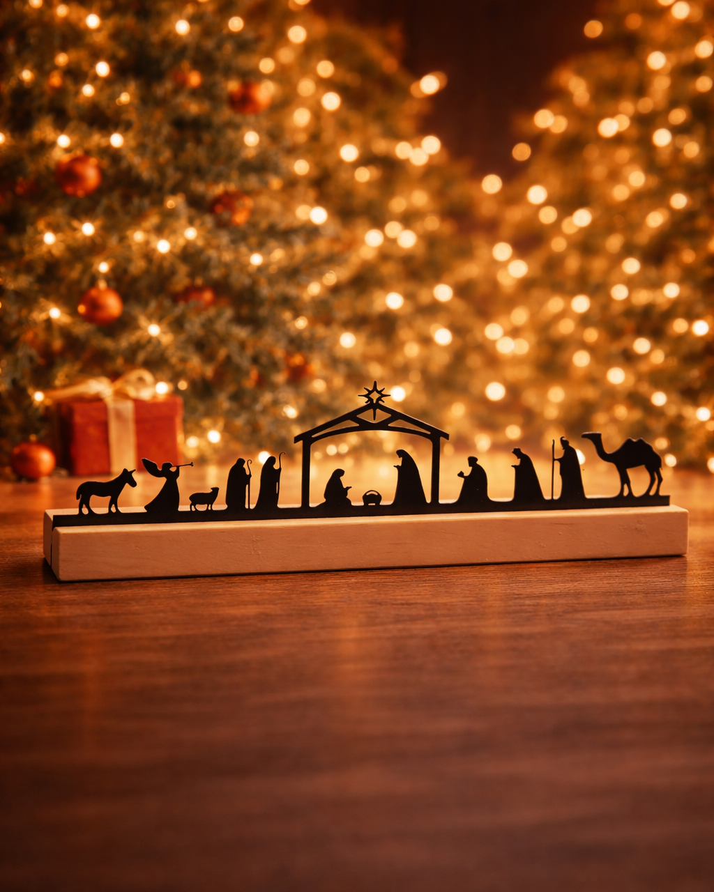 Weihnachtliche Szene mit moderner Metallkrippe im Vordergrund auf einem Holzsockel aus echtem Zirbenholz. 